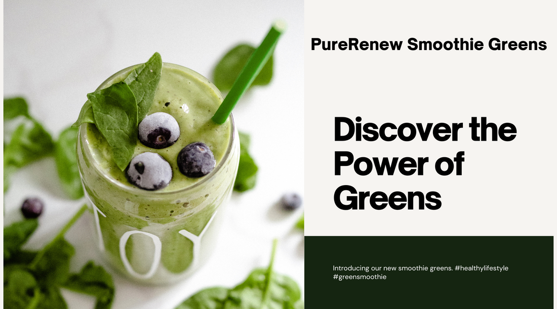 Image of PureRenew Smoothie Greens container surrounded by a vibrant array of fresh organic ingredients, including leafy greens, fruits, and superfood powders, illustrating the natural and wholesome composition of the supplement.